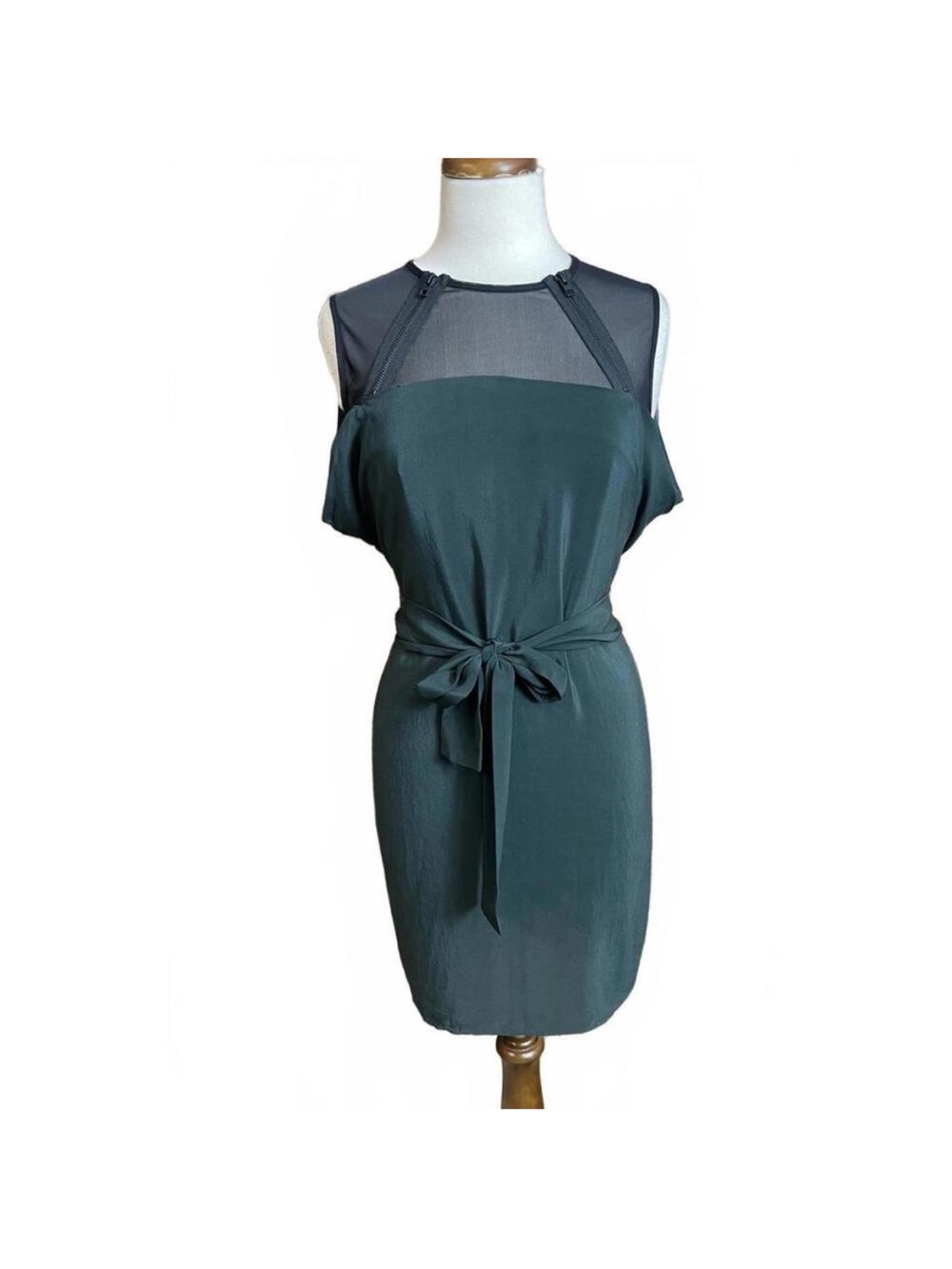 AllSaints Deep Green Sleeveless Midi Dress with Mesh Yoke and Waist Tie